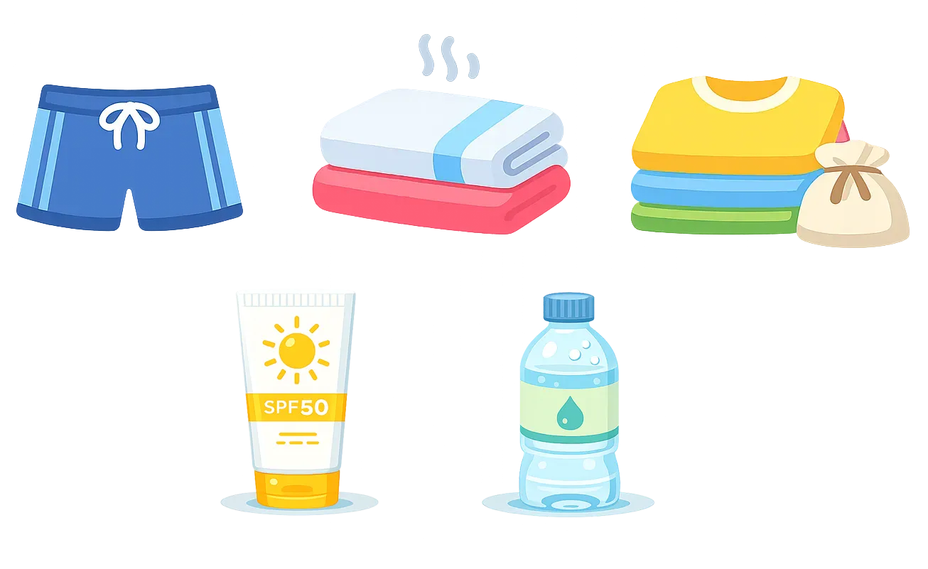 水着/タオル/着替え/日焼け止め/飲み物